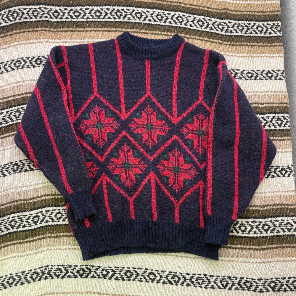 Vintage 90s Alafoss Icewool Blue Knit Nordic Crewneck Pullover Wool Sweater Sz M